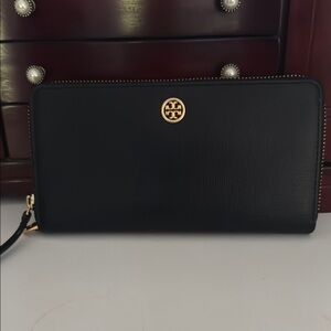 Tory Burch Black Zip-Around Wallet with Gold Emblem